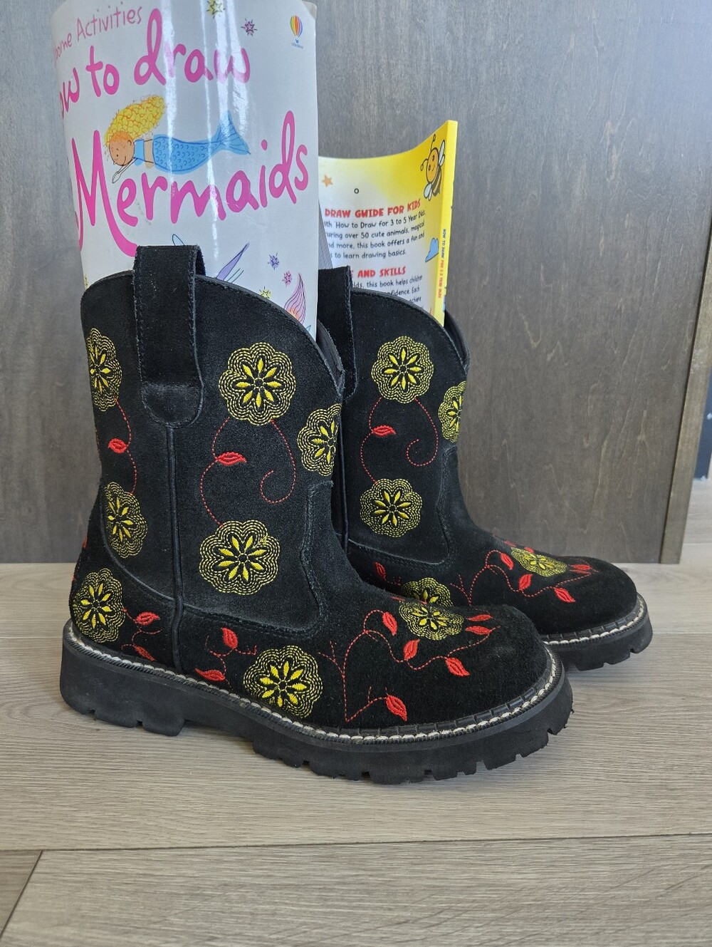 Y2K Roper Black Suede Floral Embroidered Chunk Western Cowboy Boots Sz 10